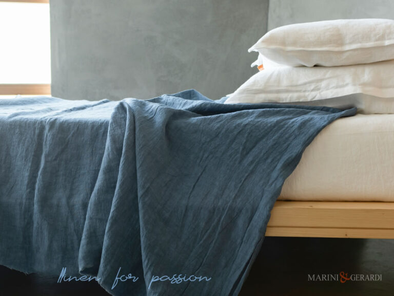 completo lenzuola letto in lino stropicciato bianco blu savona