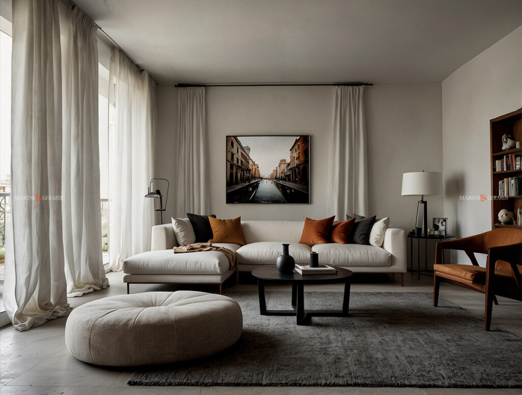 Doppie tende moderne soggiorno in lino bianco divano pelle
