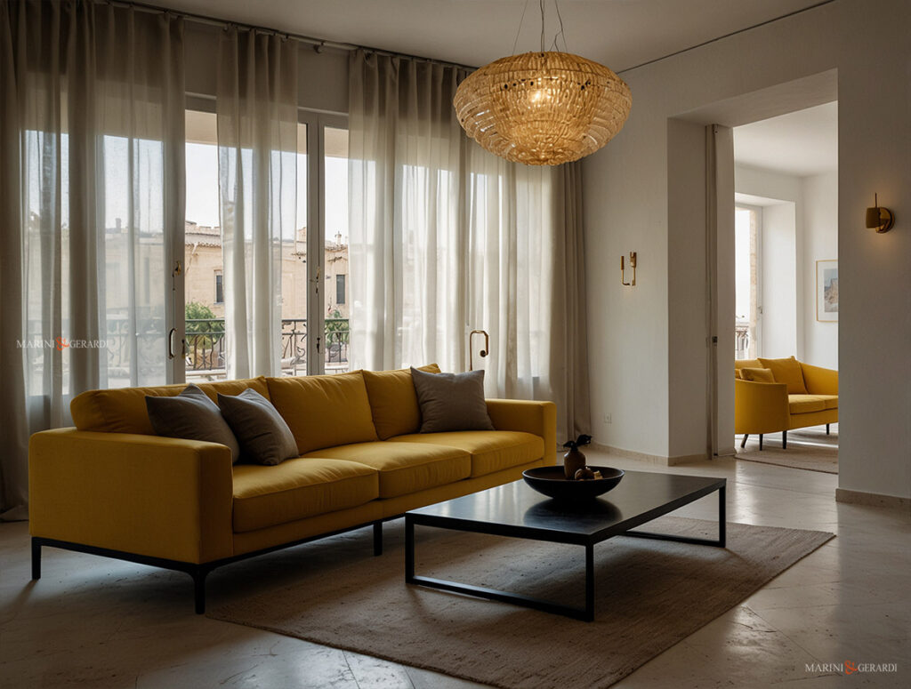 Tende da appartamento soggiorno divano giallo