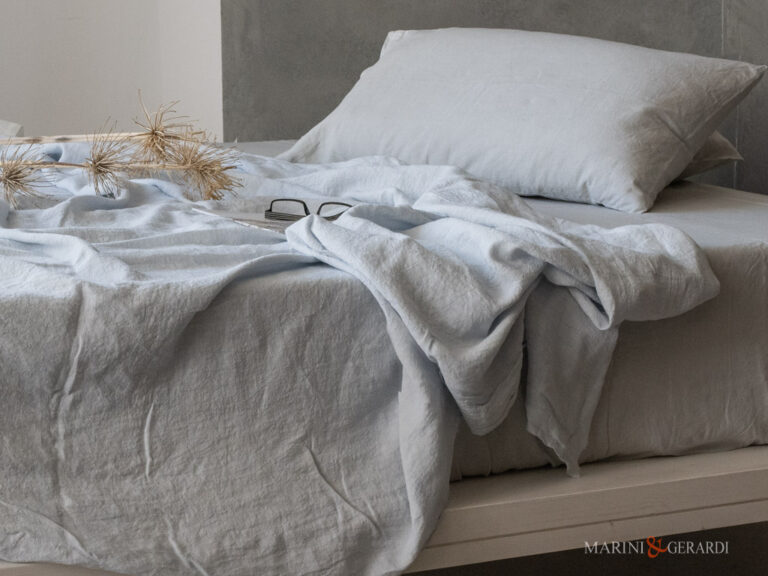 Set lenzuola letto lino stropicciato con guanciali grigio perla