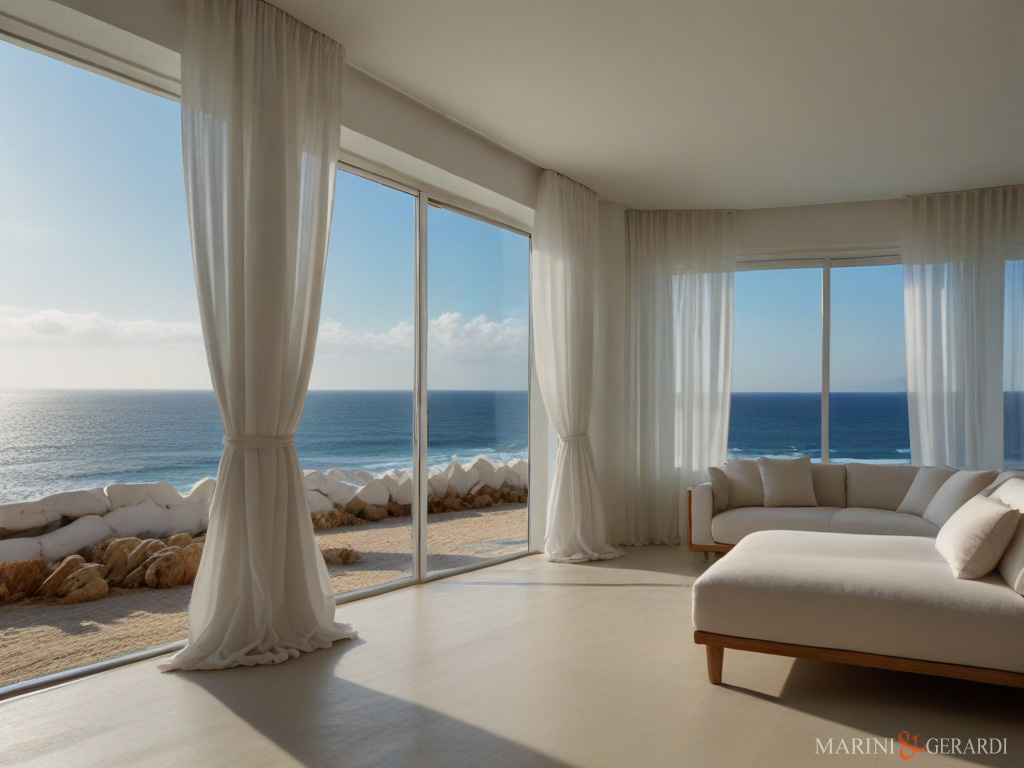 Tende moderne per interni soggiorno finestra sul mare