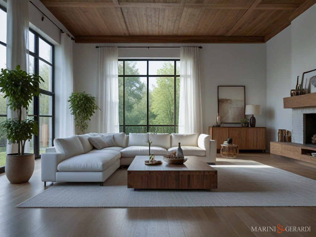 Tende arredamento moderno soggiorno ampie vetrate soffitto in legno