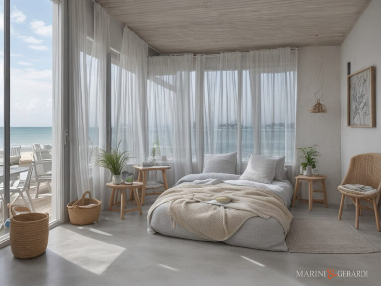 Stanza da letto vista mare tende da interno moderne lino bianco